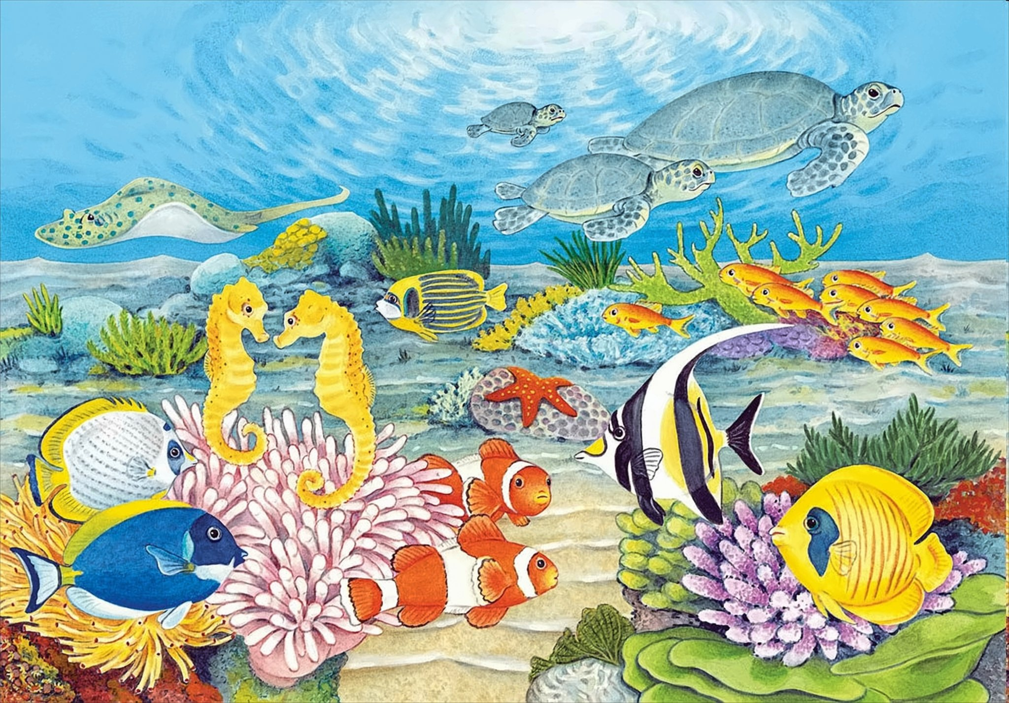Eine bunte Unterwasserszene mit Korallen, Seepferdchen, Schildkröten, Clownfischen und anderen bunten Fischen.