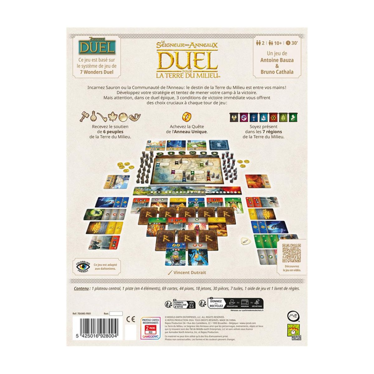 Rückseite der Spieleverpackung von 7 Wonders Duel: Herr der Ringe mit Spielkomponenten.