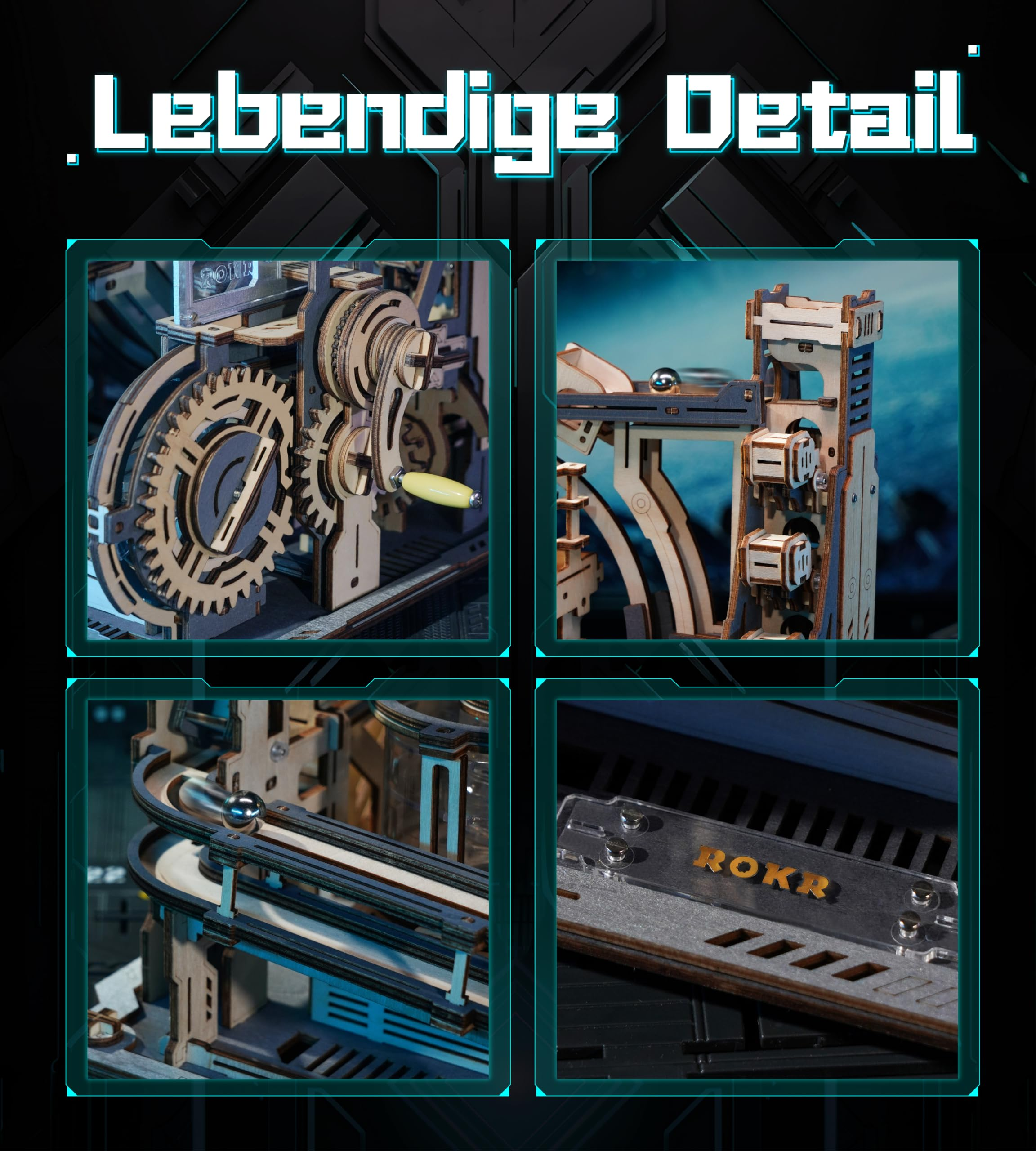 Quatre panneaux en gros plan montrent des d étails de puzzles mécaniques en bois, des engrenages et le logo ROKR.