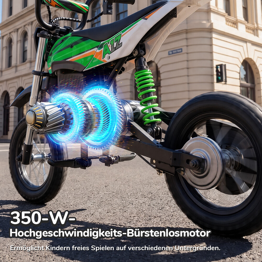 Moto elettrica per bambini con design verde e bianco, grafica del motore blu e testo sull'asfalto.