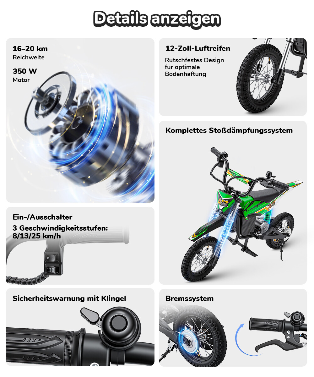 Panoramica dei dettagli della e-bike con motore, pneumatici, sospensioni, interruttore, campanello e freno.