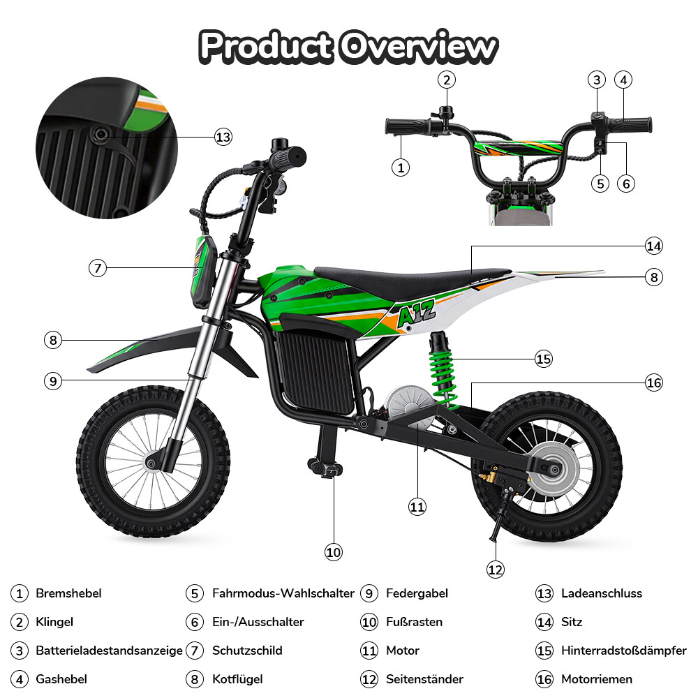 Panoramica di una minimoto elettrica verde per bambini con parti etichettate come manubrio, motore e ammortizzatore.