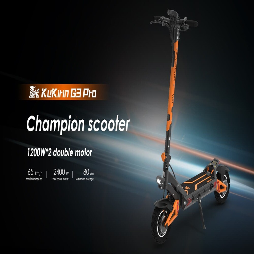 Un monopattino elettrico KuKirin G3 Pro nero e arancione su sfondo scuro con specifiche.