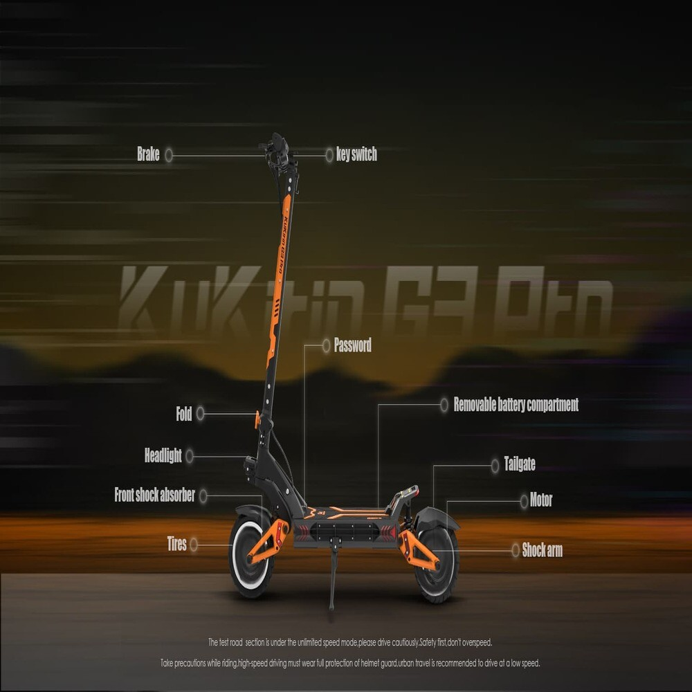 Schema di un monopattino elettrico arancione e nero con parti etichettate come freno, pneumatici e motore su sfondo scuro.