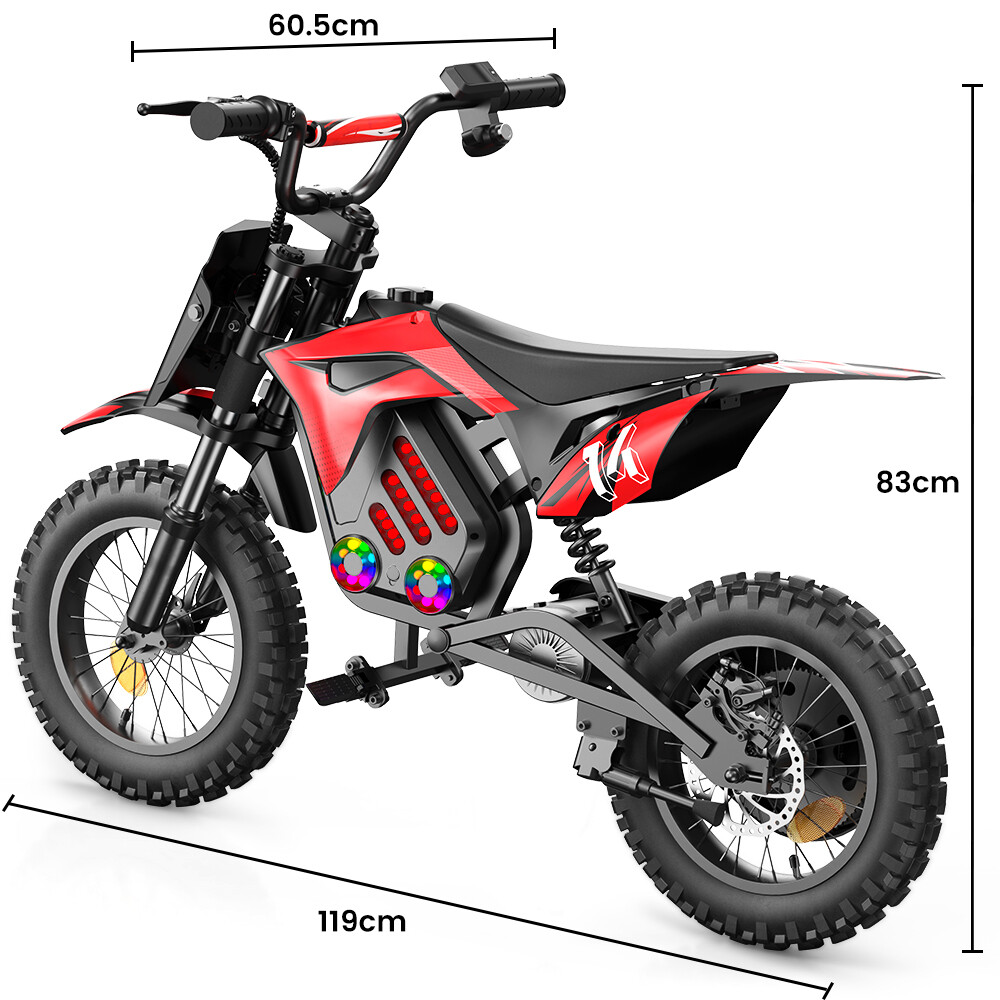 Moto cross elettrica per bambini rossa e nera con dimensioni 119x60,5x83cm su sfondo bianco.