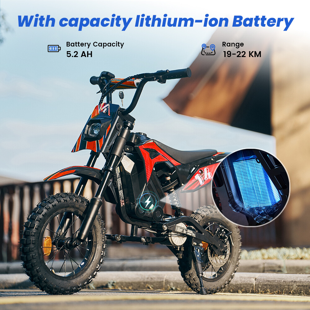 Una moto elettrica per bambini rossa e nera, che evidenzia batteria e autonomia.