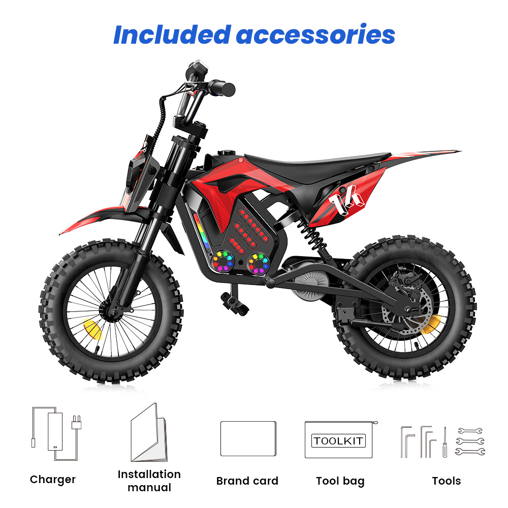 Moto cross elettrica rossa per bambini con pneumatici tassellati e accessori come caricabatterie e attrezzi.