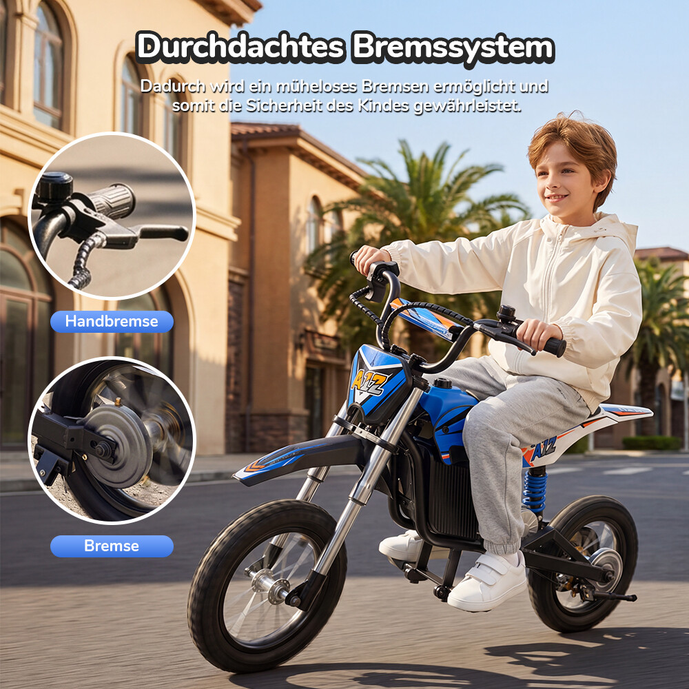 Un bambino sorridente guida una minimoto elettrica blu su una strada soleggiata, evidenziando il freno.