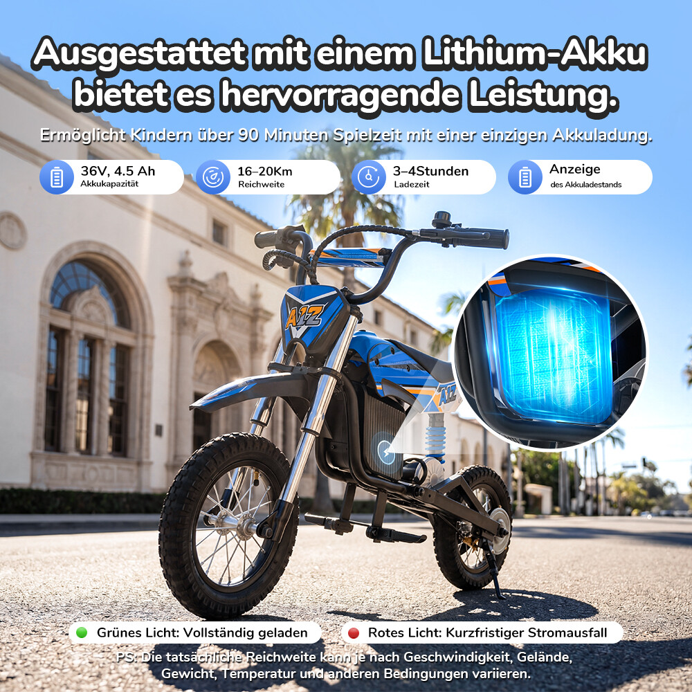 Una minimoto elettrica blu e nera per bambini, parcheggiata su una strada soleggiata con un grande edificio sullo sfondo.