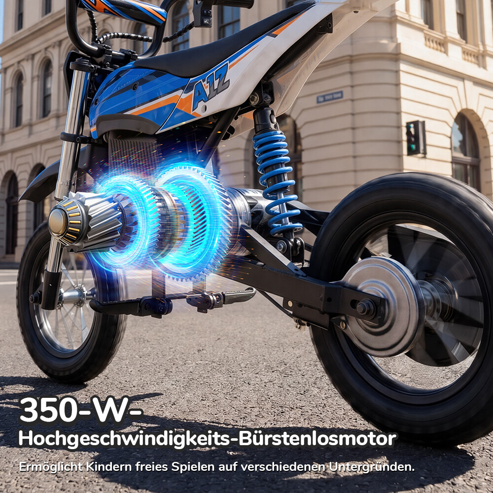 Moto elettrica per bambini con motore blu e testo su strada asfaltata davanti all'edificio.