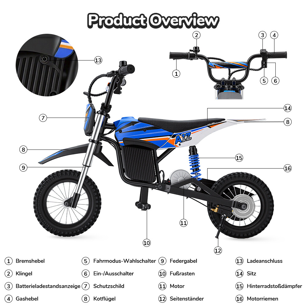 Panoramica del prodotto di una moto elettrica per bambini blu con parti numerate.