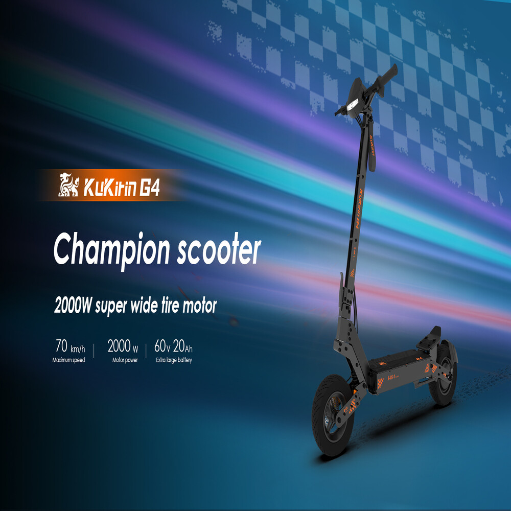 Un monopattino elettrico nero KuKirin G4 su sfondo blu con specifiche tecniche.
