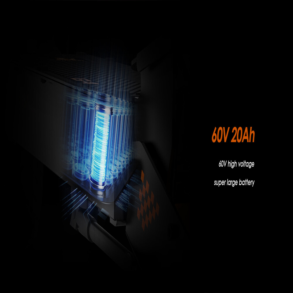 Uno sfondo nero mostra una batteria da 60V 20Ah con celle energetiche blu luminose all'interno.