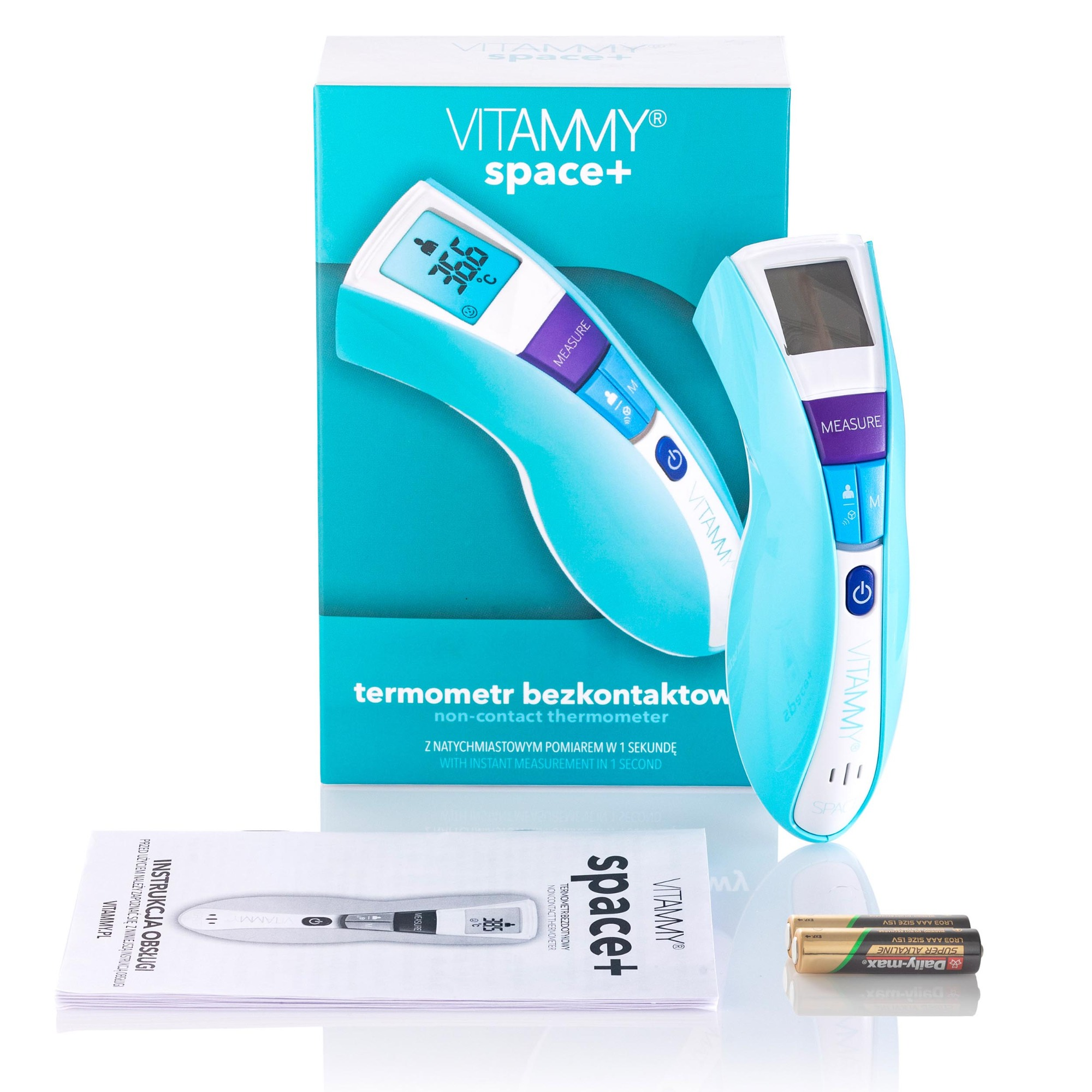 Turkusowo-biały termometr Vitammy z opakowaniem, instrukcją i dwiema bateriami.