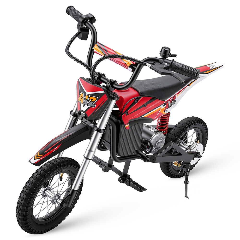 Moto elettrica giocattolo rossa e nera per bambini con cavalletto su sfondo bianco.