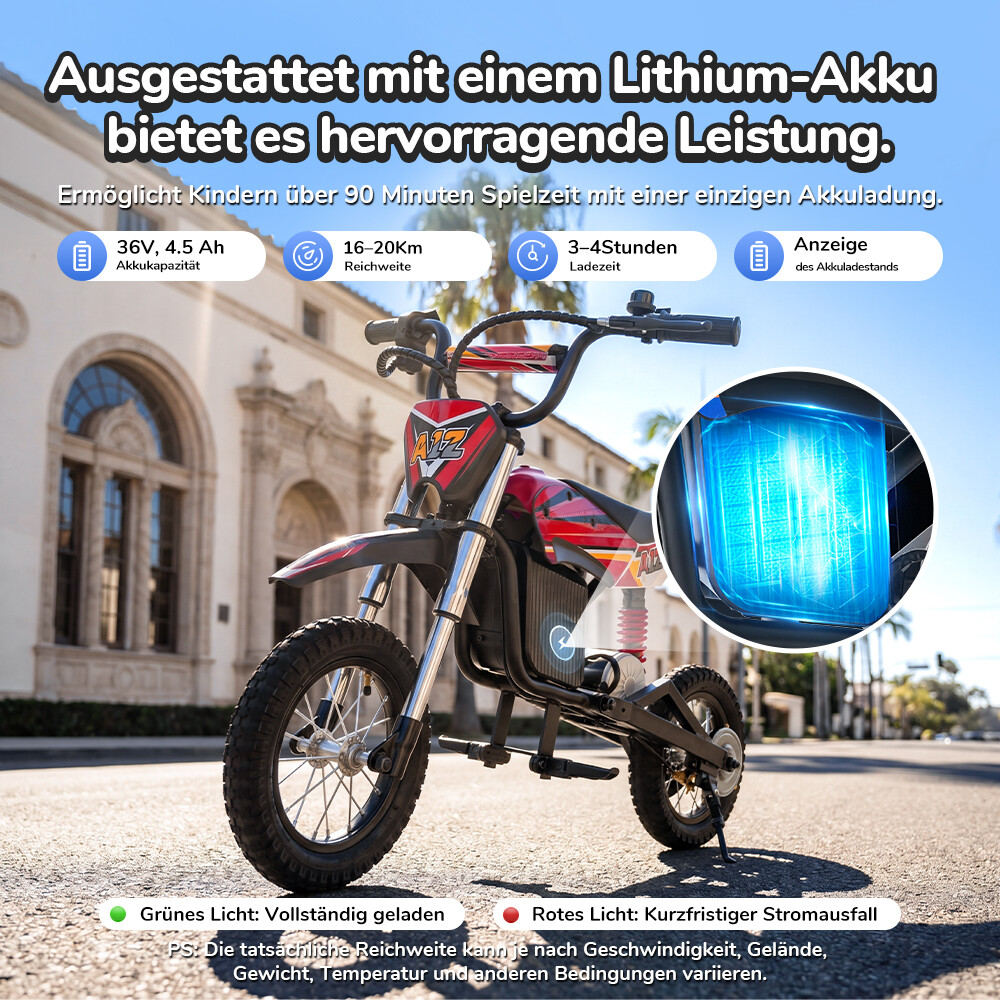 Una moto elettrica rossa per bambini con specifiche, parcheggiata su una strada soleggiata.