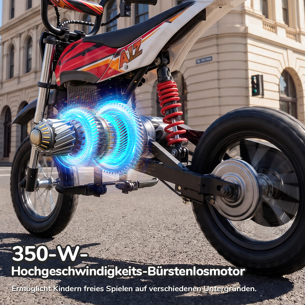 Una minimoto elettrica per bambini con motore luminoso da 350 W, sospensioni rosse e testo.