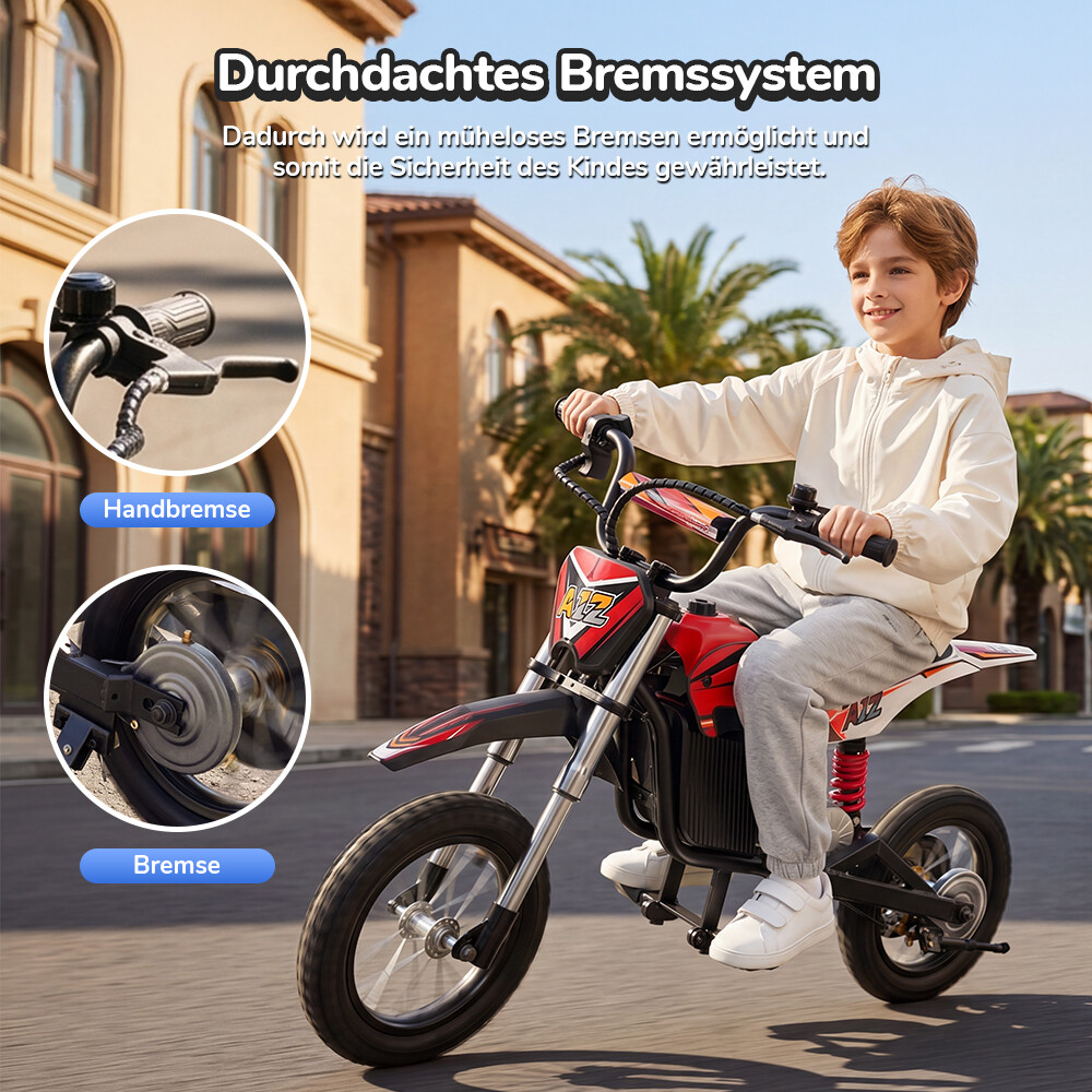 Un bambino guida una piccola moto rossa su una strada, con primi piani del freno a mano e del sistema frenante.