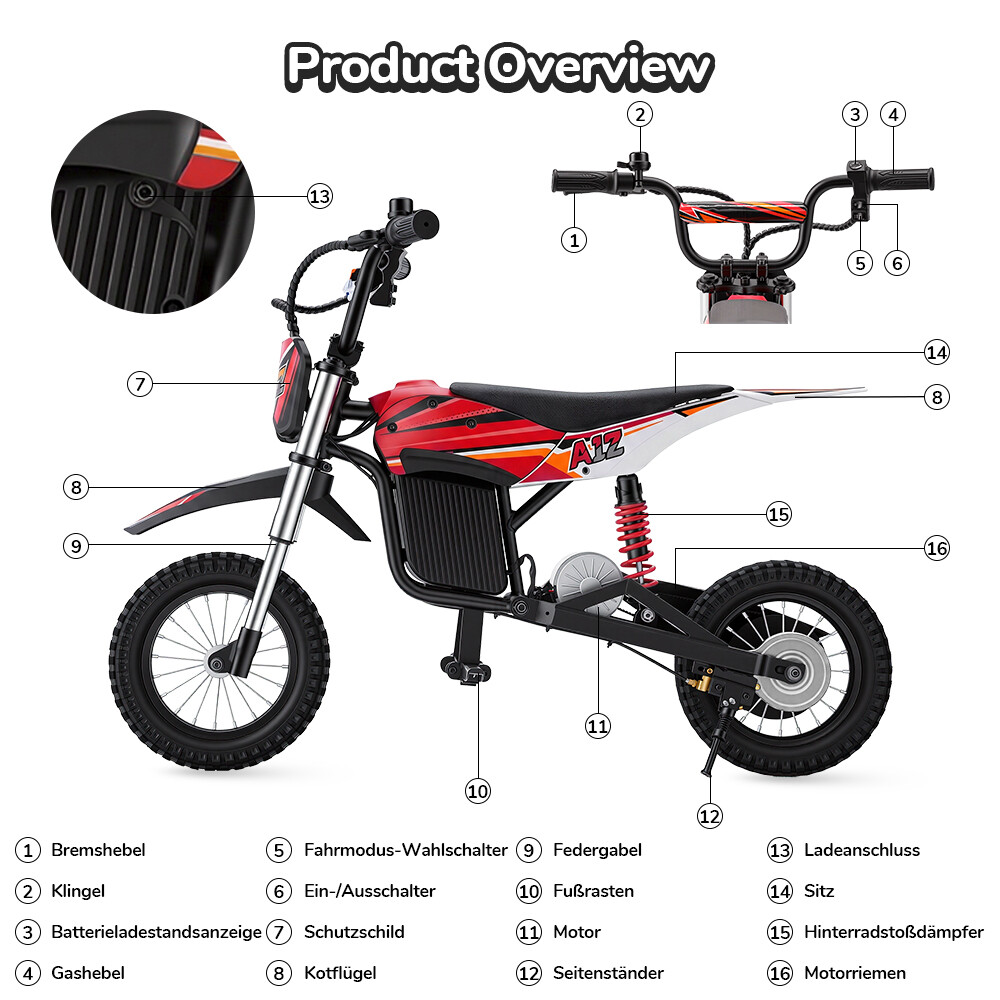 Panoramica del prodotto di una moto elettrica per bambini rossa con parti etichettate.