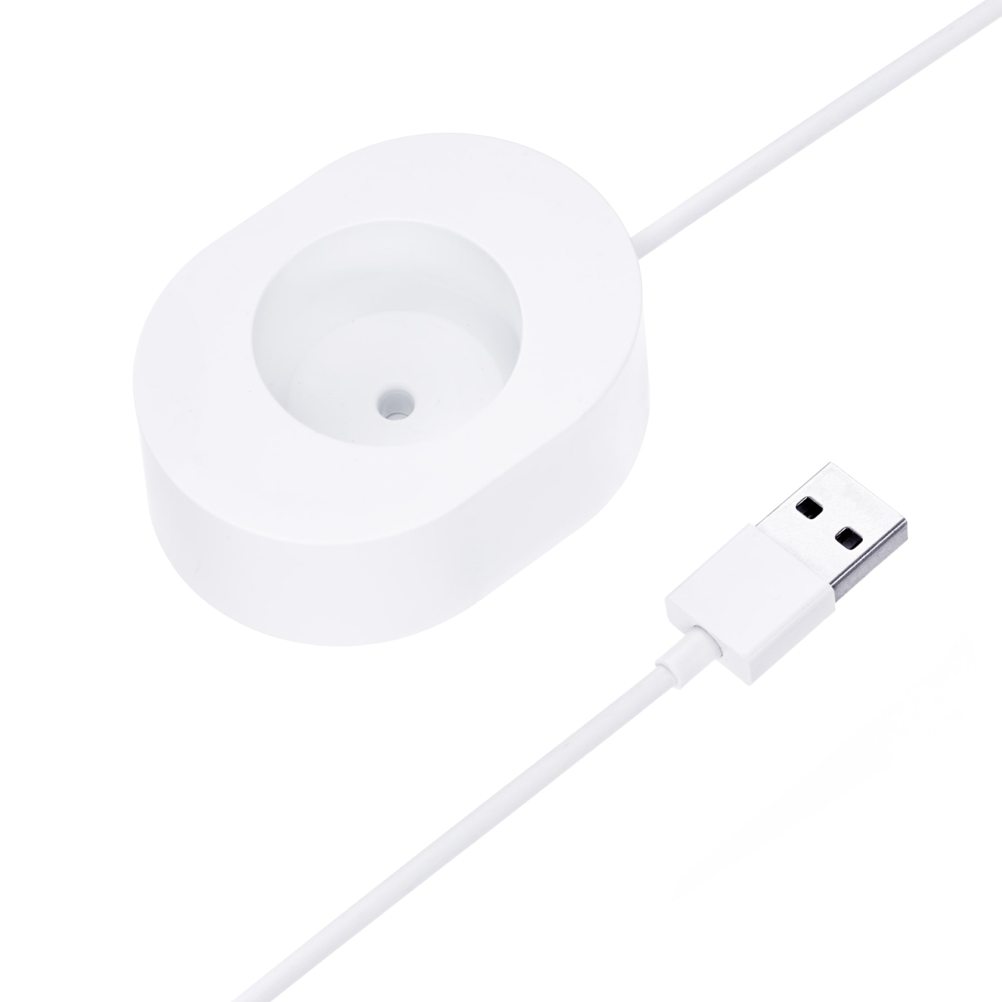 Biała owalna stacja ładująca z kablem USB na białym tle.