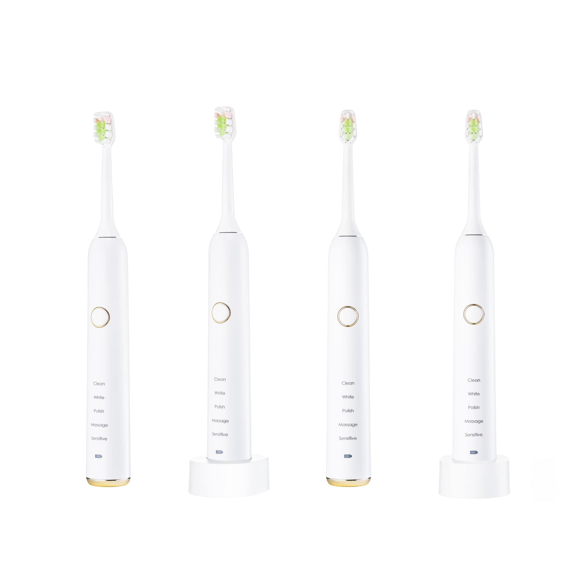 Cztery biale elektryczne szczoteczki do zebow ze zlotymi akcentami i trybami czyszczenia na bialym tle.