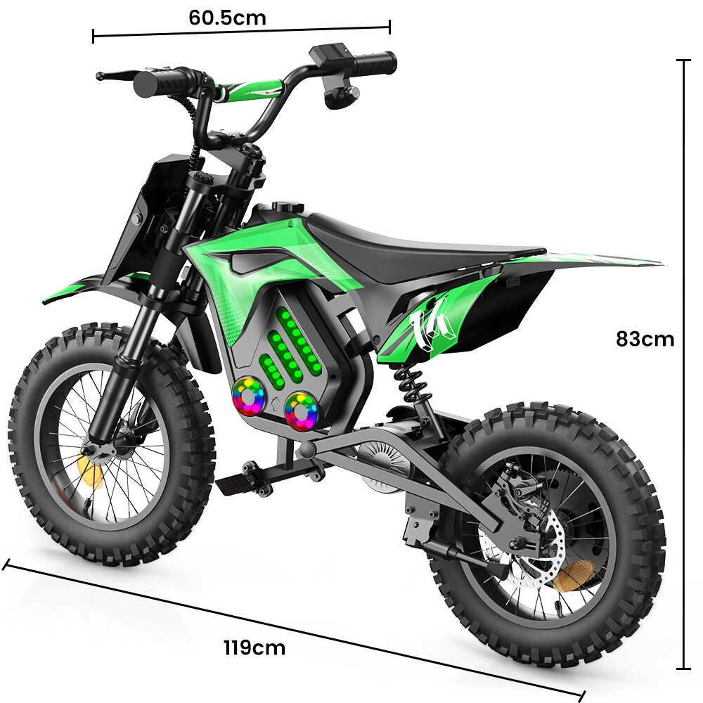 Moto da cross elettrica verde e nera per bambini con misure.