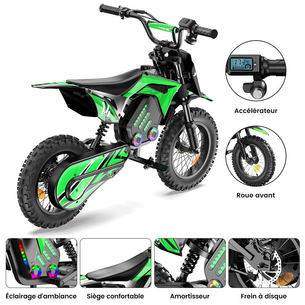 Una moto da cross elettrica verde con foto dettagliate dell'acceleratore, ruota anteriore, luci, sella, ammortizzatore e freno.