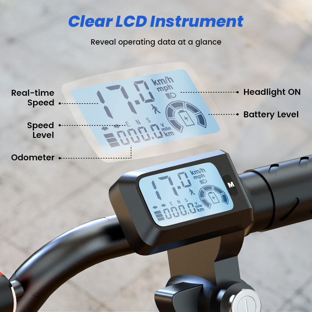 Display LCD sul manubrio di un monopattino che mostra velocità e batteria.