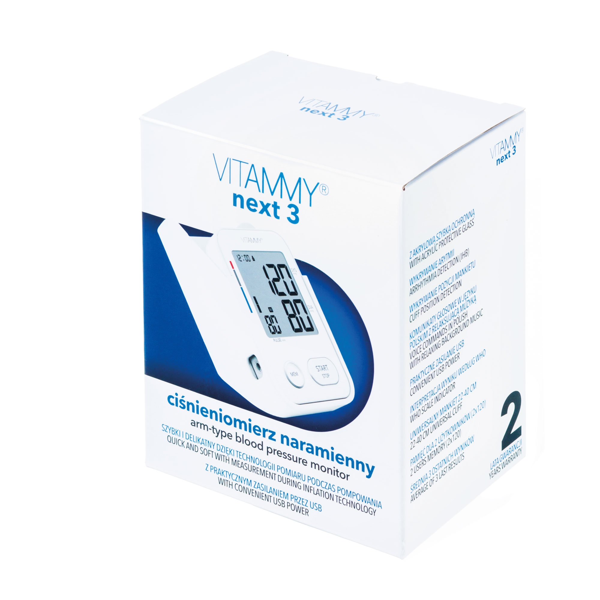 Białe pudełko ciśnienıomierza naramiennego Vitammy Next 3 z zdjęcie produktu i tekstem.