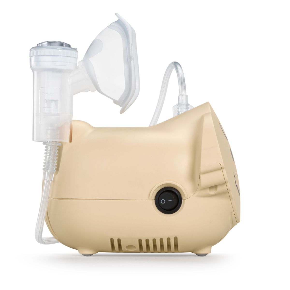 Ein beiger, katzenförmiger Inhalator mit angeschlossenem durchsichtigen Schlauch und einer Gesichtsmaske.