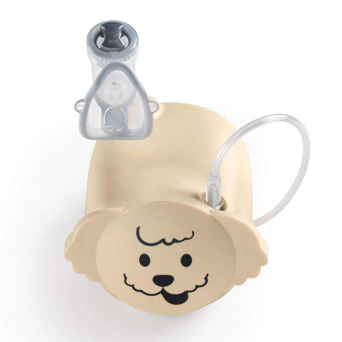 Ein beiges, hundeförmiges Kindernebulizer mit klarer Maske und Schlauch auf weißem Hintergrund.