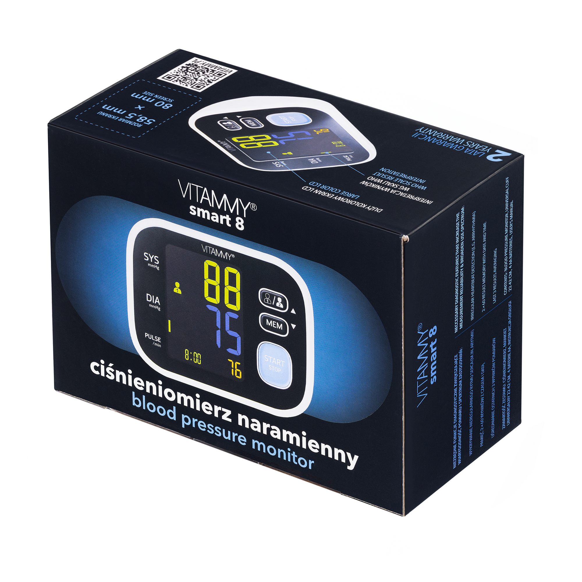 Czarne opakowanie ciśnieniomierza Vitammy Smart 8 przedstawia urządzenie.