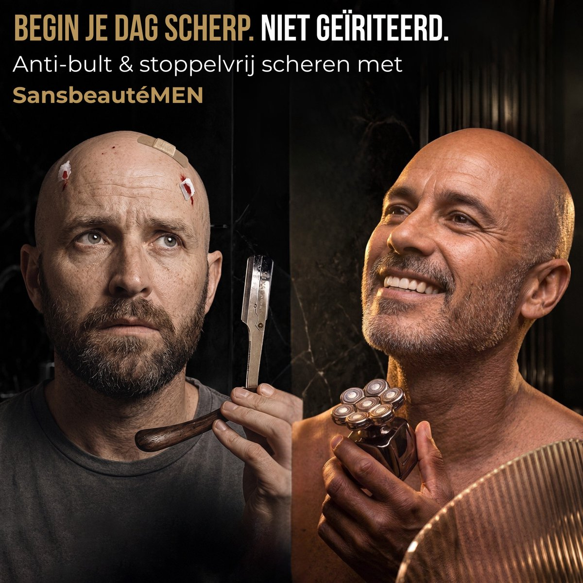 Comparison of two men: one with cuts and straight razor, the other smiling holding an electric shaver.
