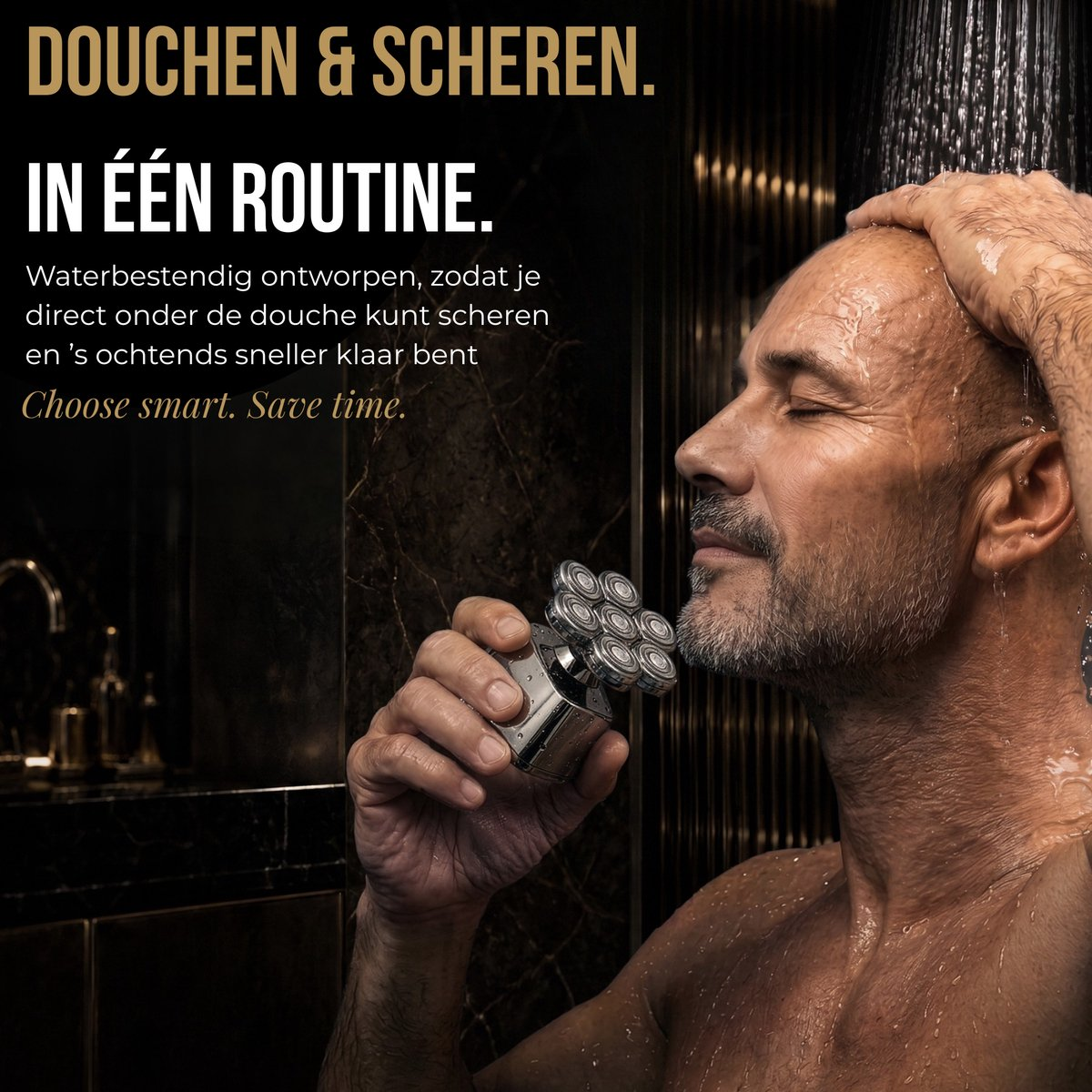 Ein Mann rasiert sich unter der Dusche mit einem elektrischen Rasierer, mit niederländischem Werbetext.