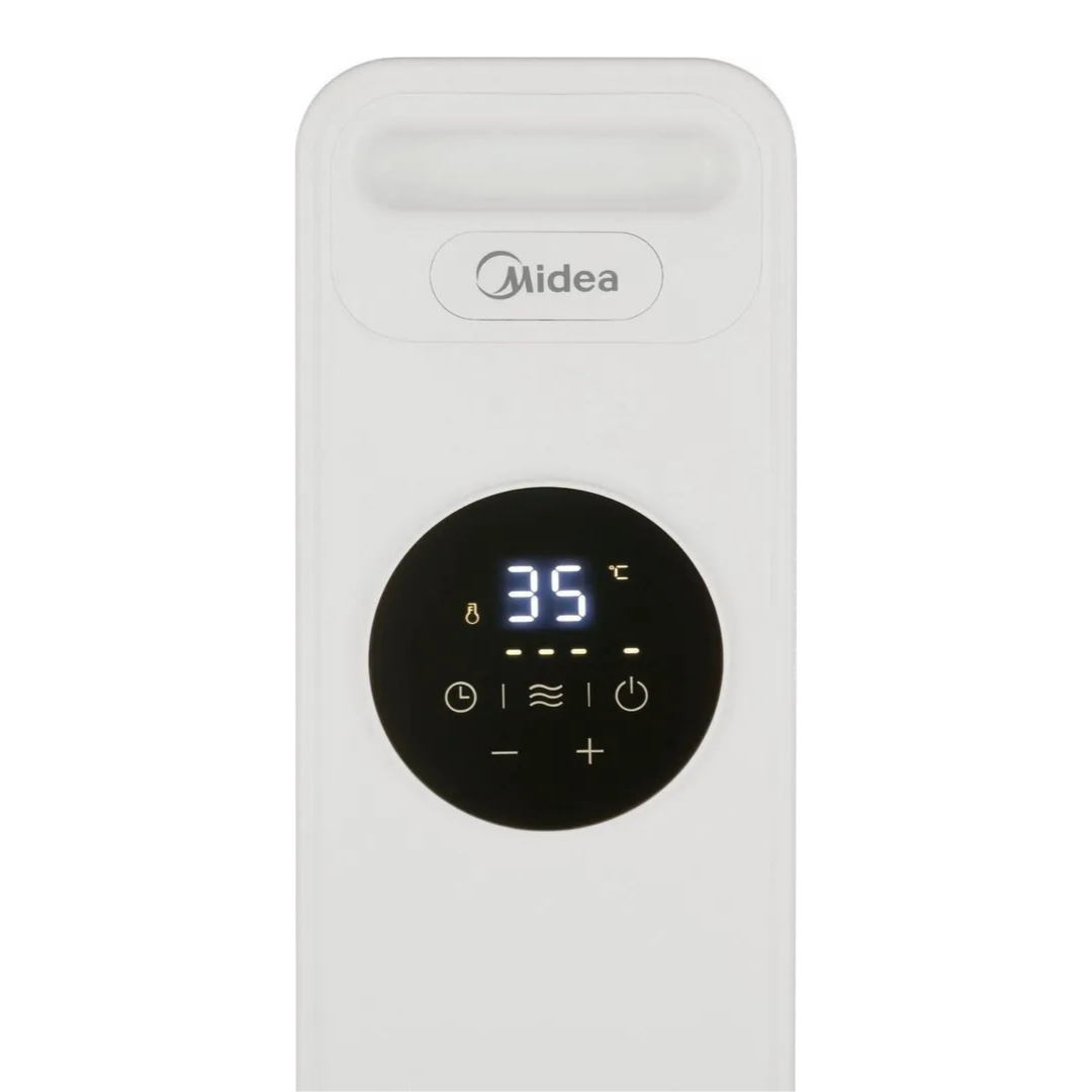 Weißes Midea-Gerät von oben mit rundem Digitaldisplay, das 35 Grad Celsius und Touch-Steuerung anzeigt.