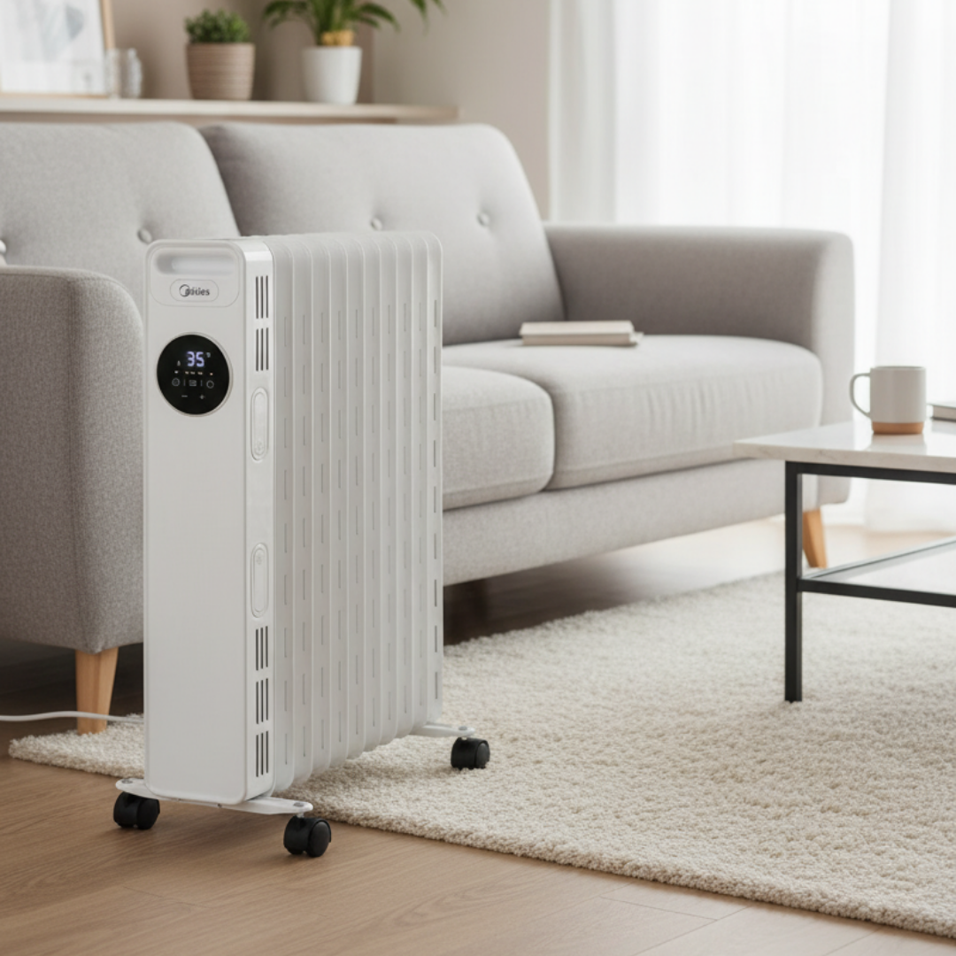 Ein weißer, mobiler Heizkörper steht auf Rollen im Wohnzimmer vor einem Sofa und einem hellen Teppich.