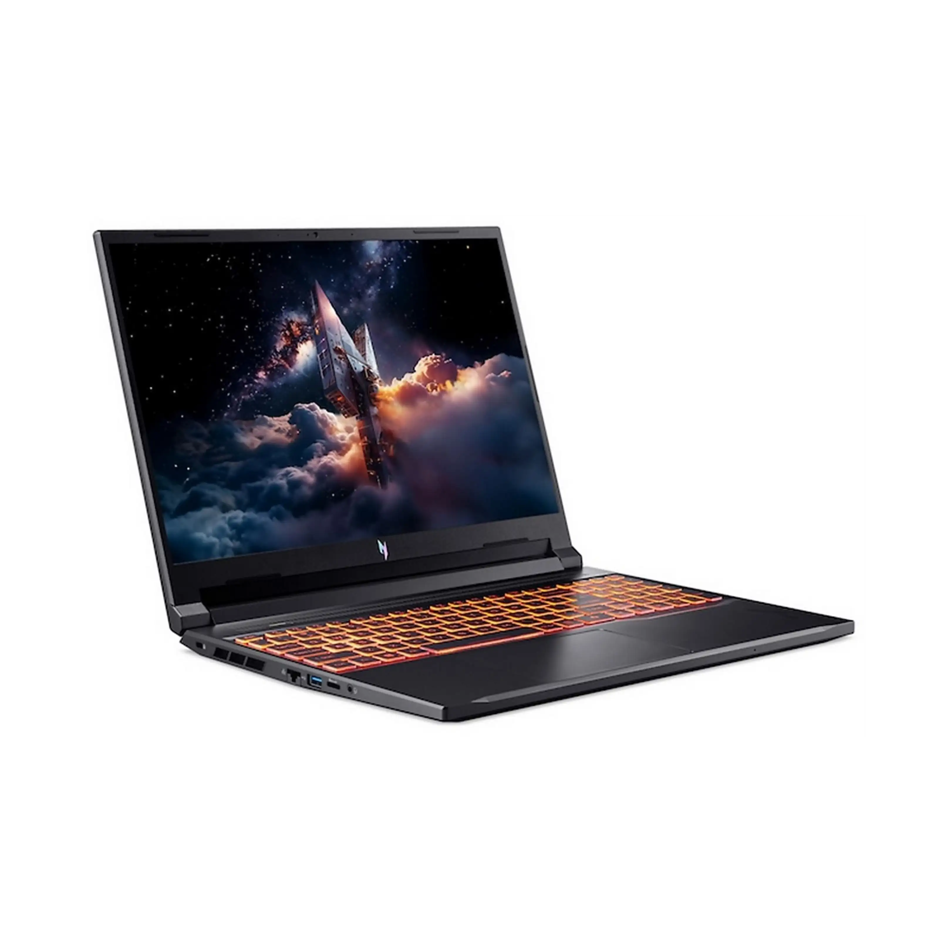 Un laptop da gioco nero con tastiera retroilluminata arancione e uno schermo con una scena spaziale.