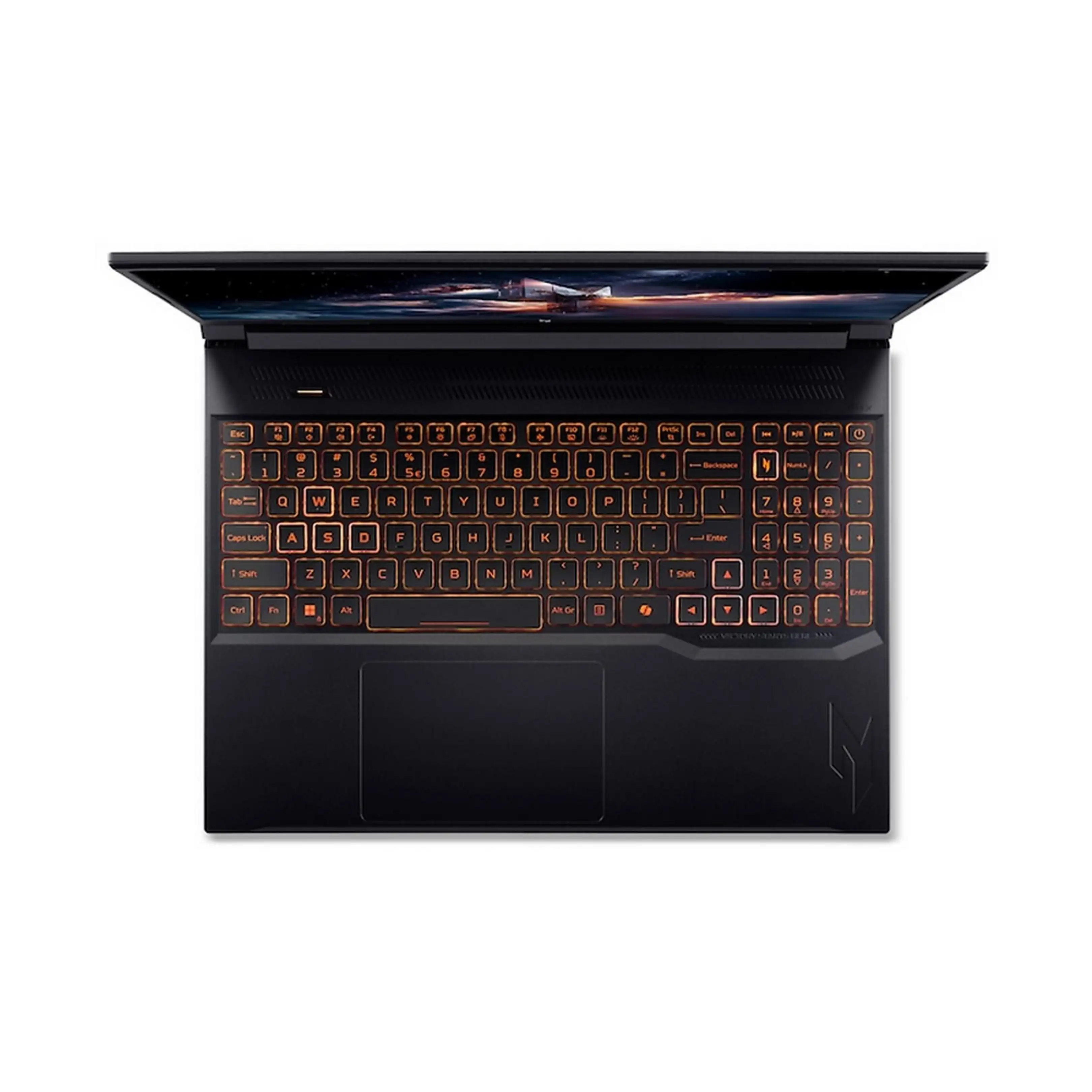 Vista dall'alto di un laptop da gioco nero con tasti retroilluminati in arancione.