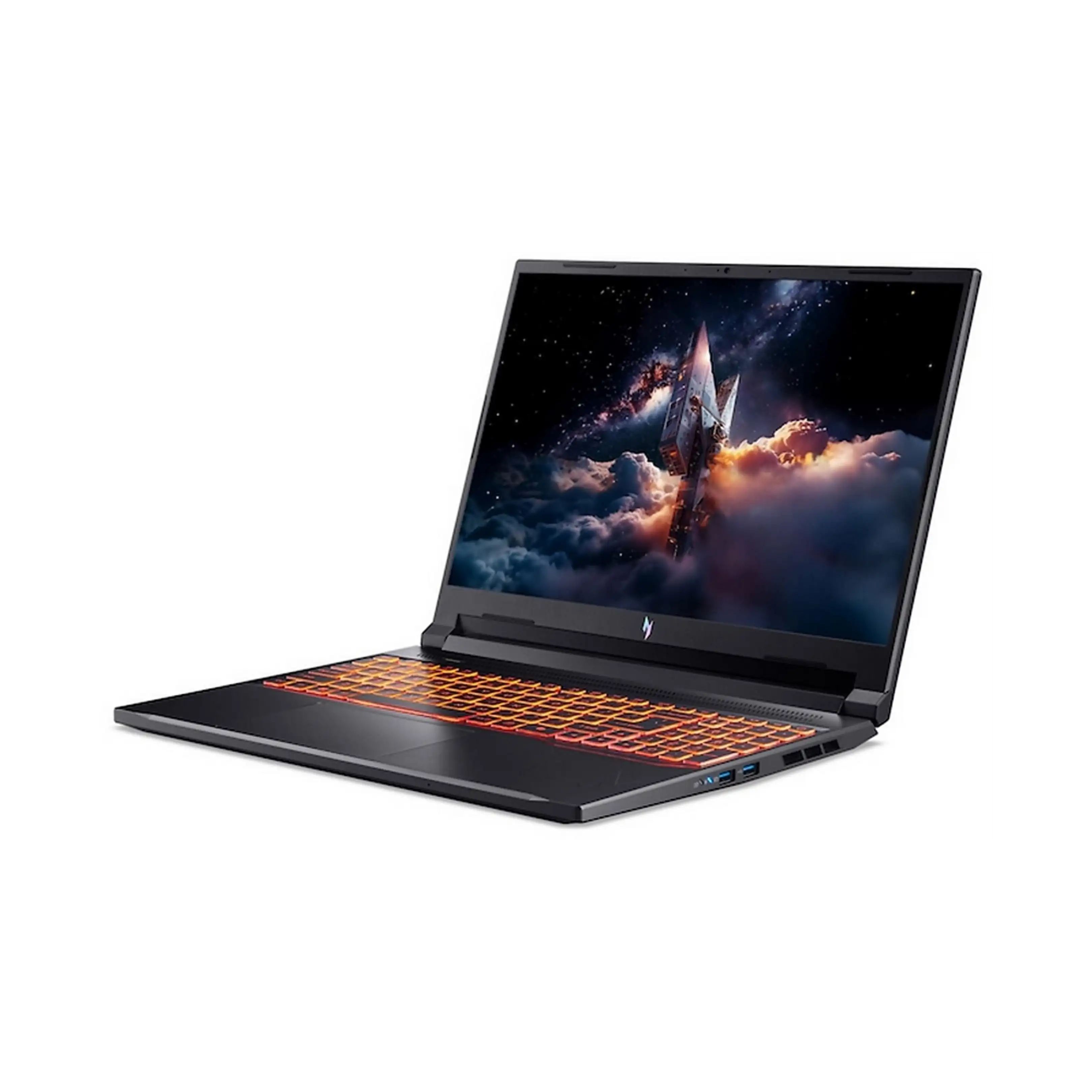Un laptop da gioco nero con tastiera retroilluminata arancione mostra uno sfondo spaziale.