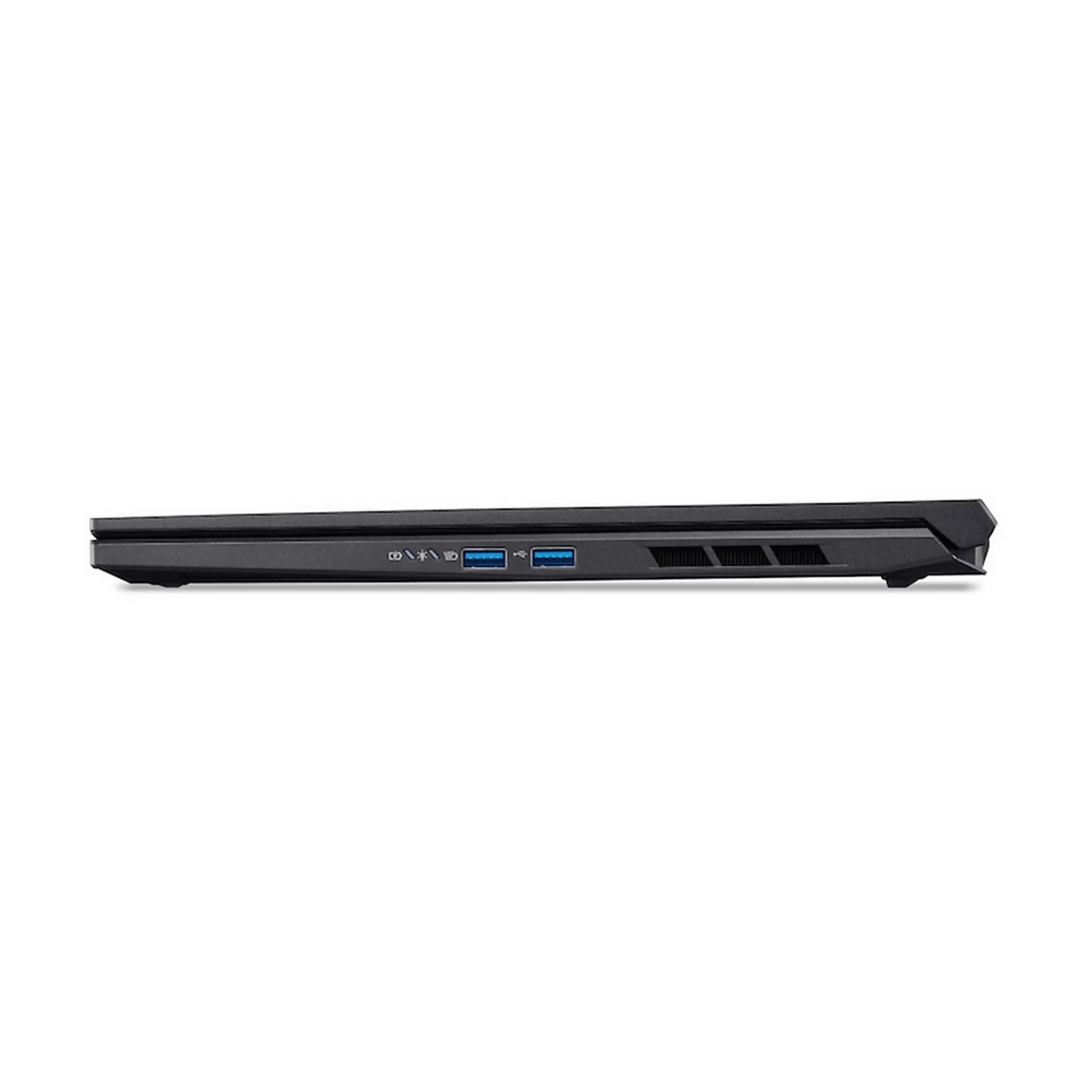 Vista laterale di un laptop nero con porte USB e prese d'aria su sfondo nero.