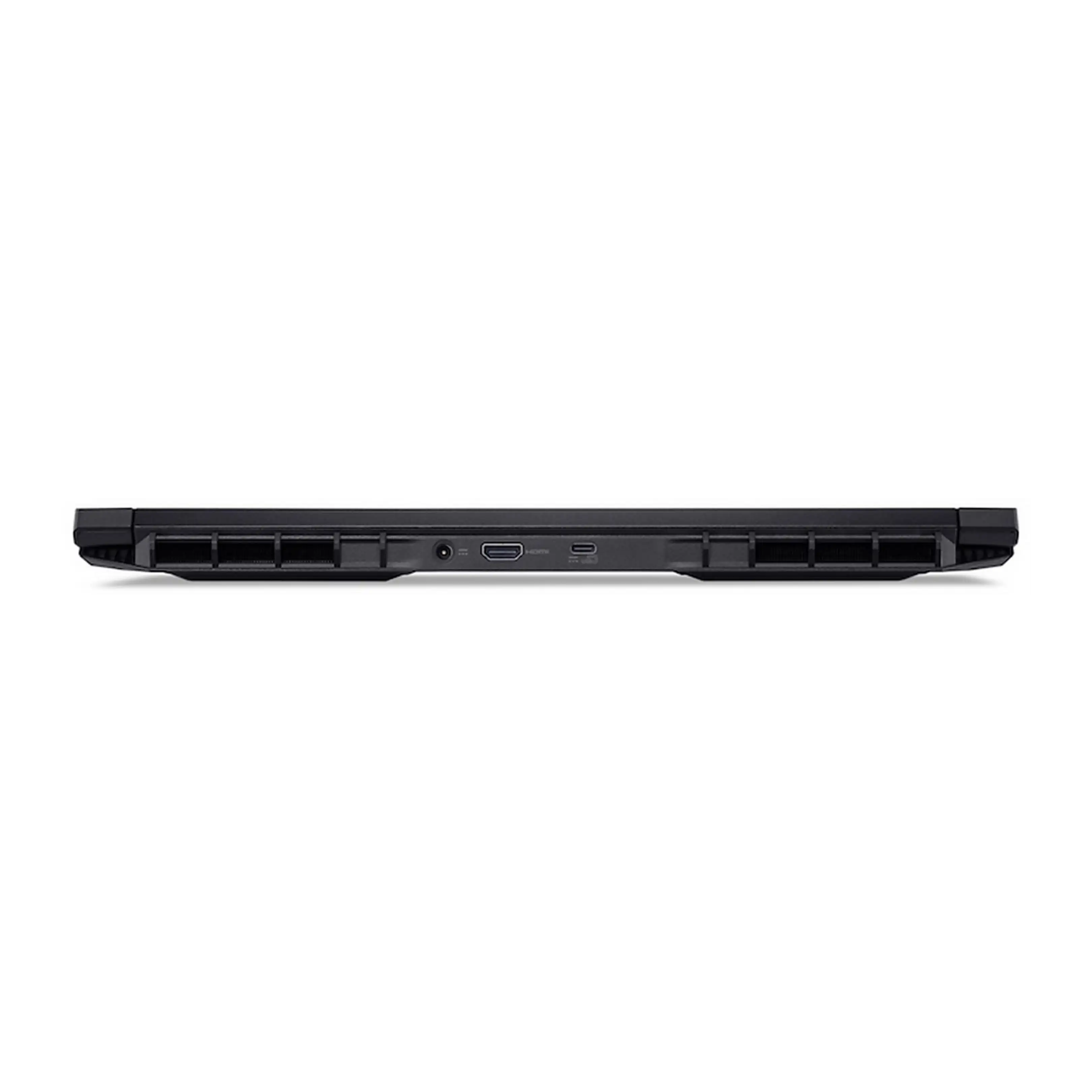 Vista posteriore di un laptop nero con porte e griglie di ventilazione.