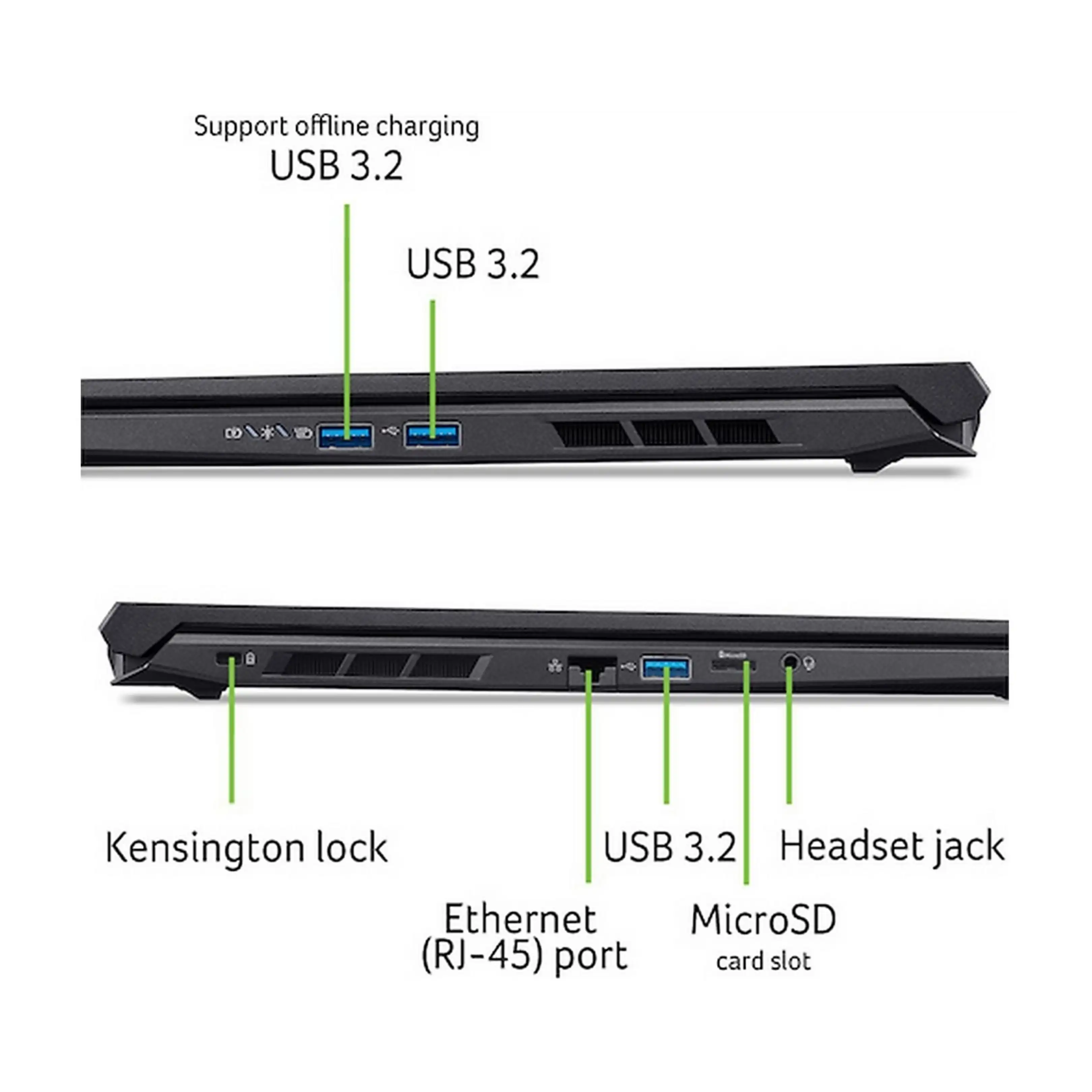 Viste laterali di un laptop con porte USB 3.2, Ethernet, slot MicroSD e jack per cuffie.