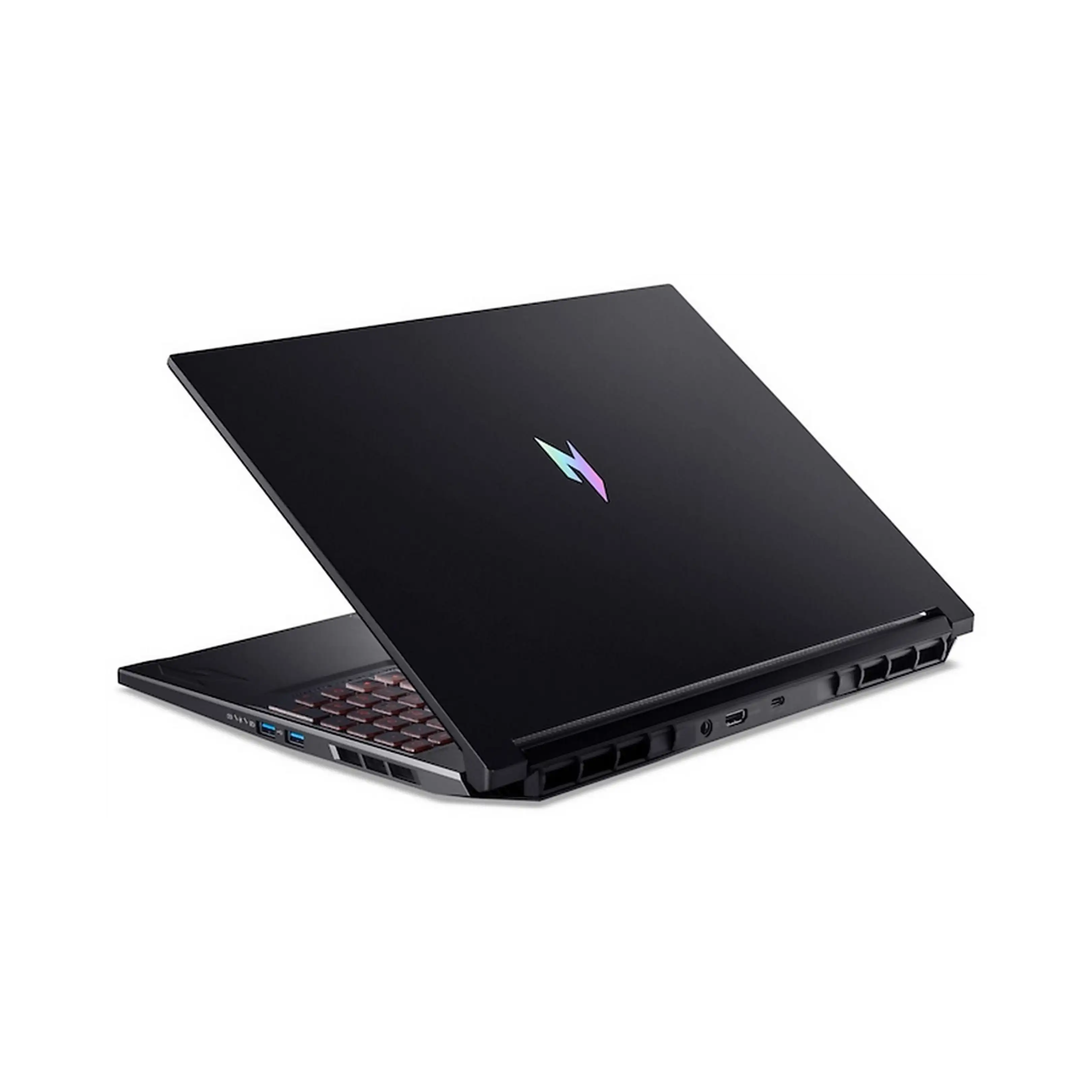 Un laptop da gioco nero con logo multicolore luminoso su sfondo bianco.
