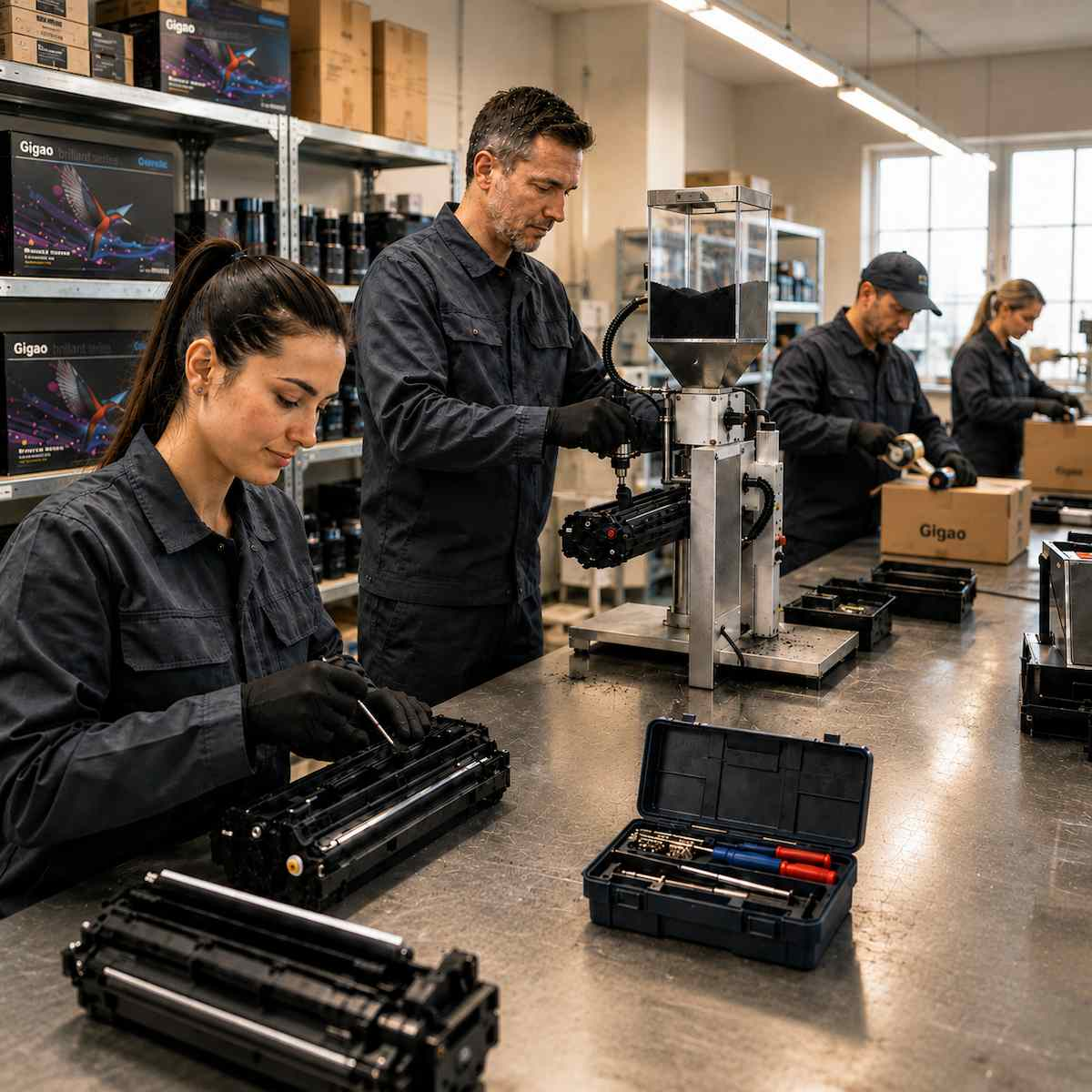Vier Arbeiter in einer Fabrik montieren und verpacken Drucker-Tonerkartuschen an Tischen.