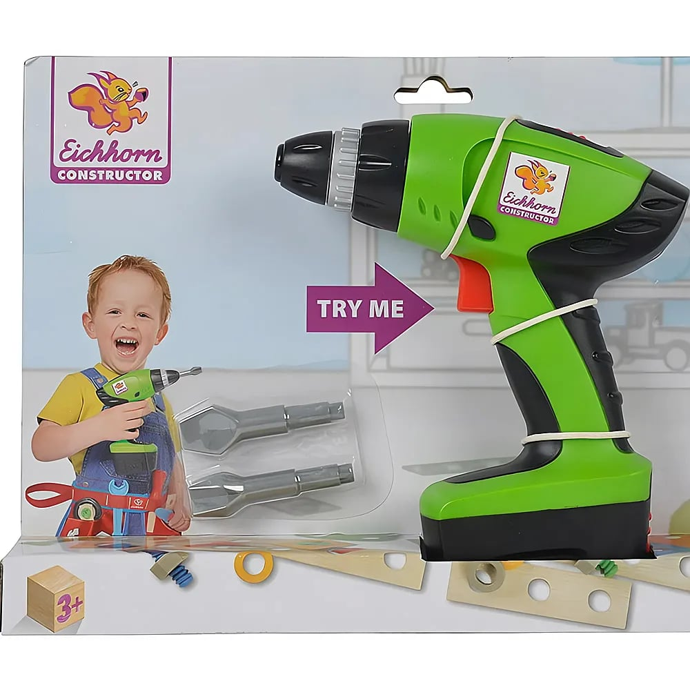 Eichhorn Konstruktor Kinderspielzeug-Bohrmaschine in grüner und schwarzer Farbe auf Verpackung mit fröhlichem Jungen.