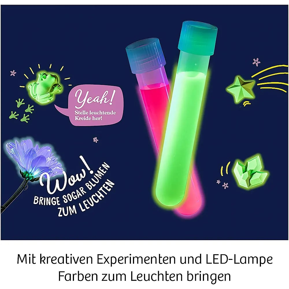 Zwei leuchtende Reagenzgläser mit rosa und grüner Flüssigkeit auf dunklem Hintergrund mit Illustrationen.