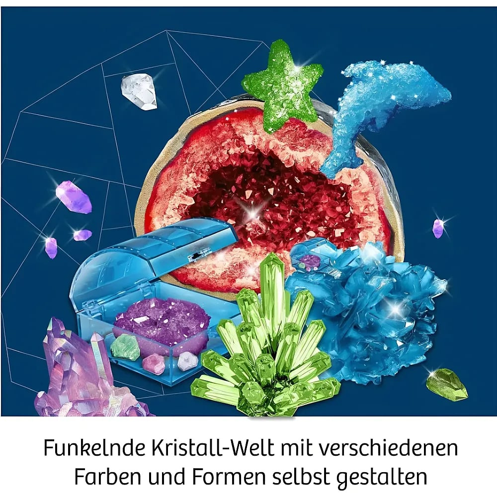 Bunte Kristalle in verschiedenen Formen und Farben vor blauem Hintergrund.