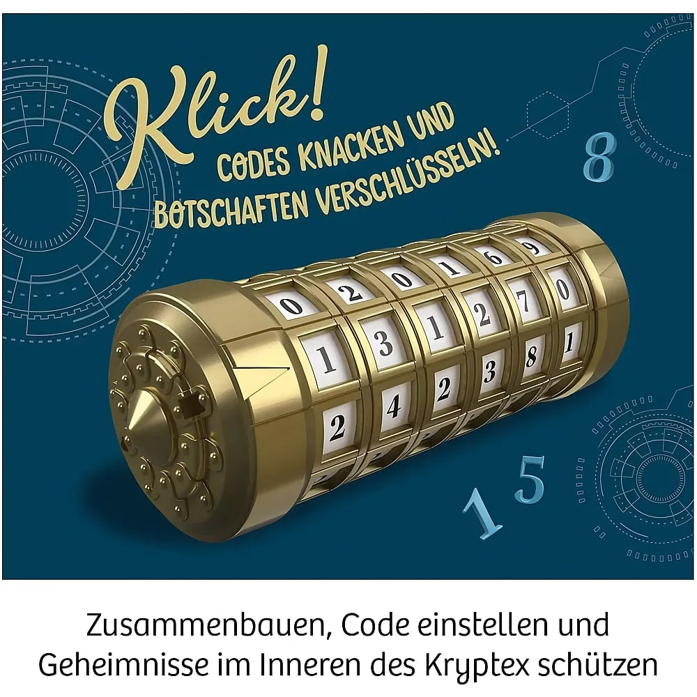 Ein goldenes Kryptex mit Ziffernringen vor blauem Hintergrund mit technischen Mustern.