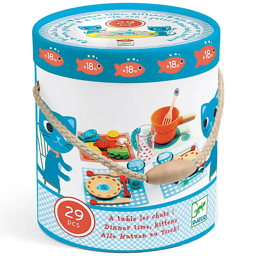 Emballage cylindrique bleu avec des illustrations de chats, des ustensiles de cuisine jouets et une poignée en corde.