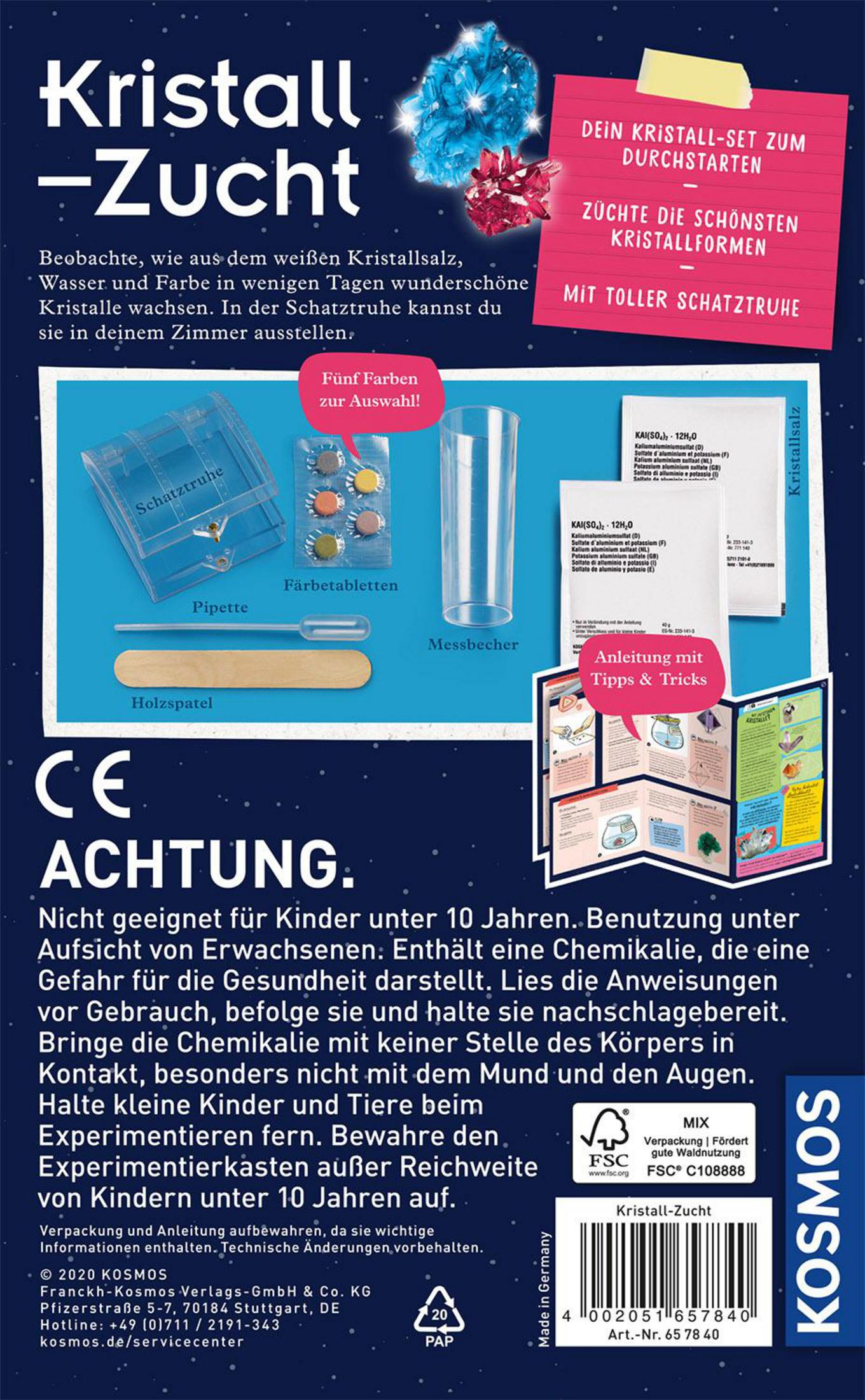 Produktwerbung für ein Kristallzucht-Set mit Abbildungen von Inhalt, Anleitung und Warnhinweisen.